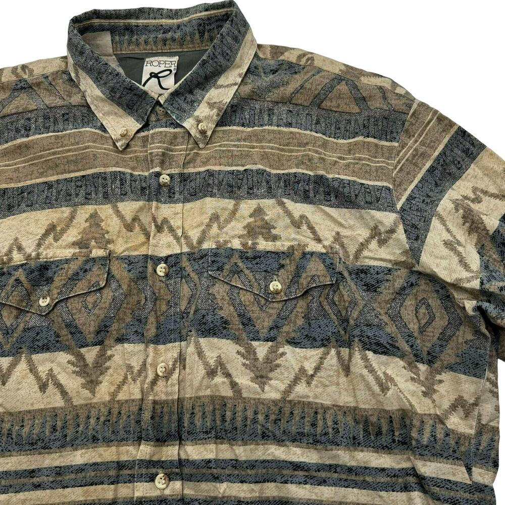 Roper Vintage Men's XL Aztec print Long Tail western button down‎ collar shirt